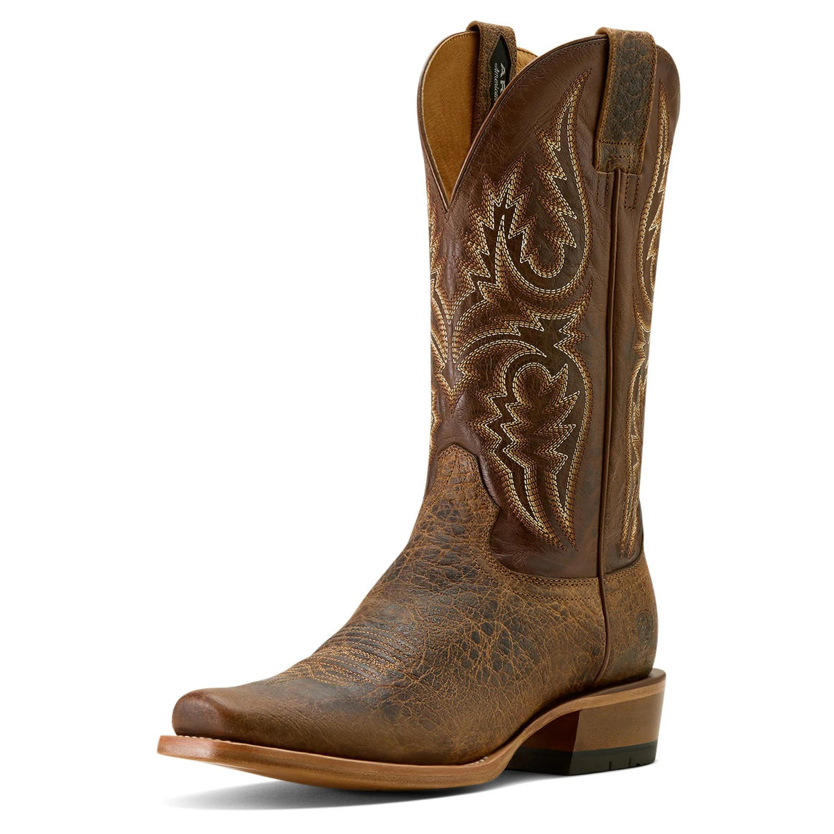 Ariat Men's Futurity Platinum Narrow Cutter Toe Cowboy Boot, Saddle Brown Bison/Nutshell Tan – 3-4 front