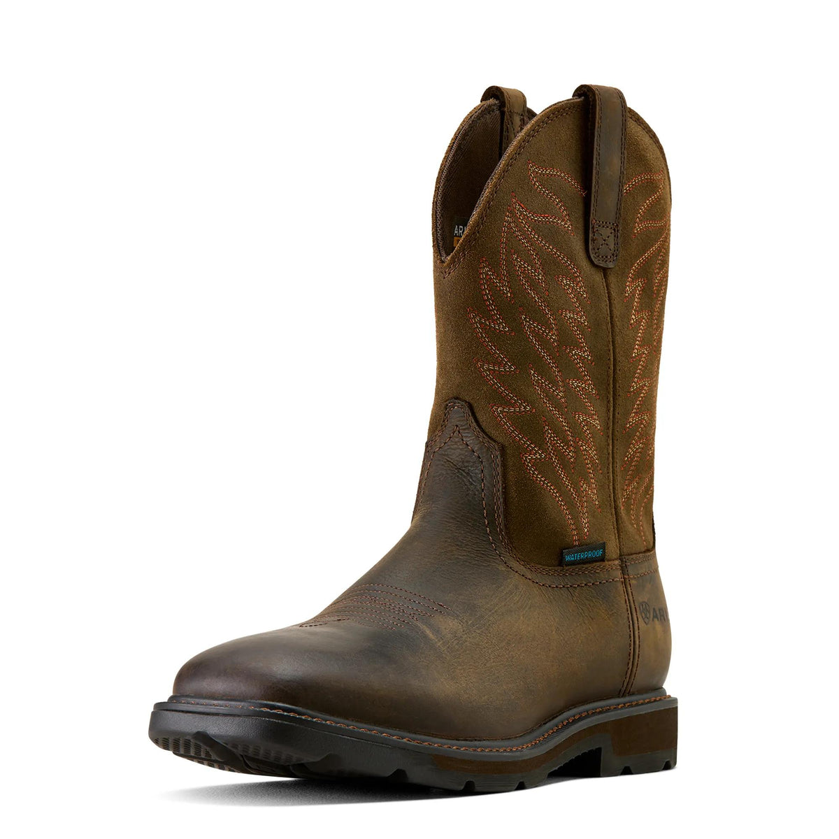 Ariat Men's Groundbreaker Wide Square Toe Waterproof Work Boot, Dark Brown – 3-4 front