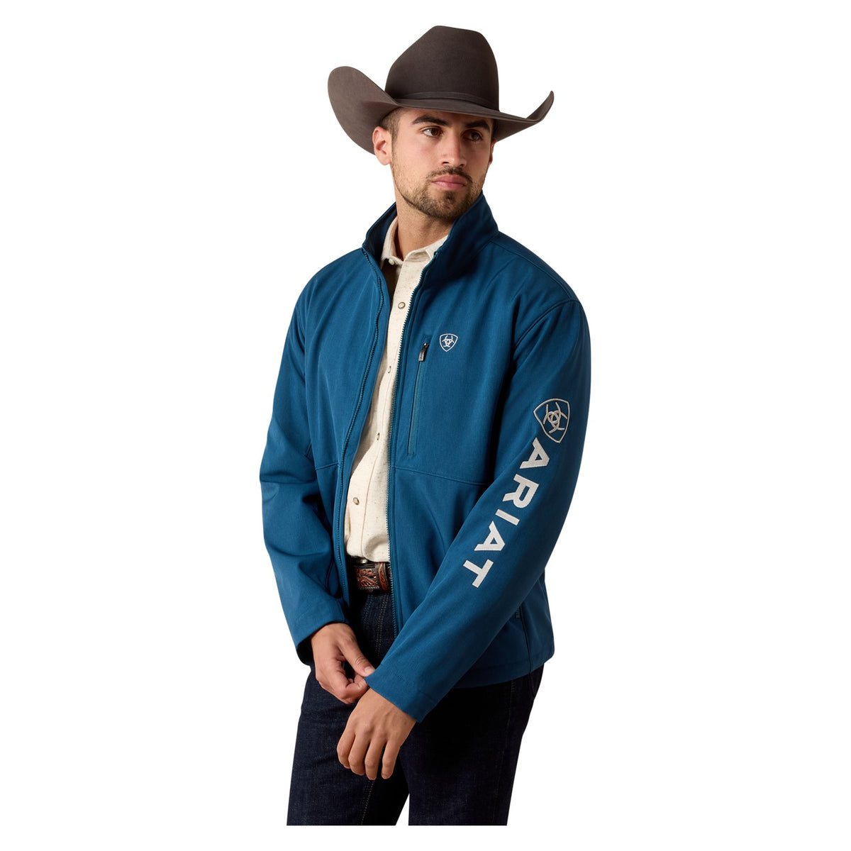 Ariat Men's Logo Softshell Jacket, Legion Blue Heather – front