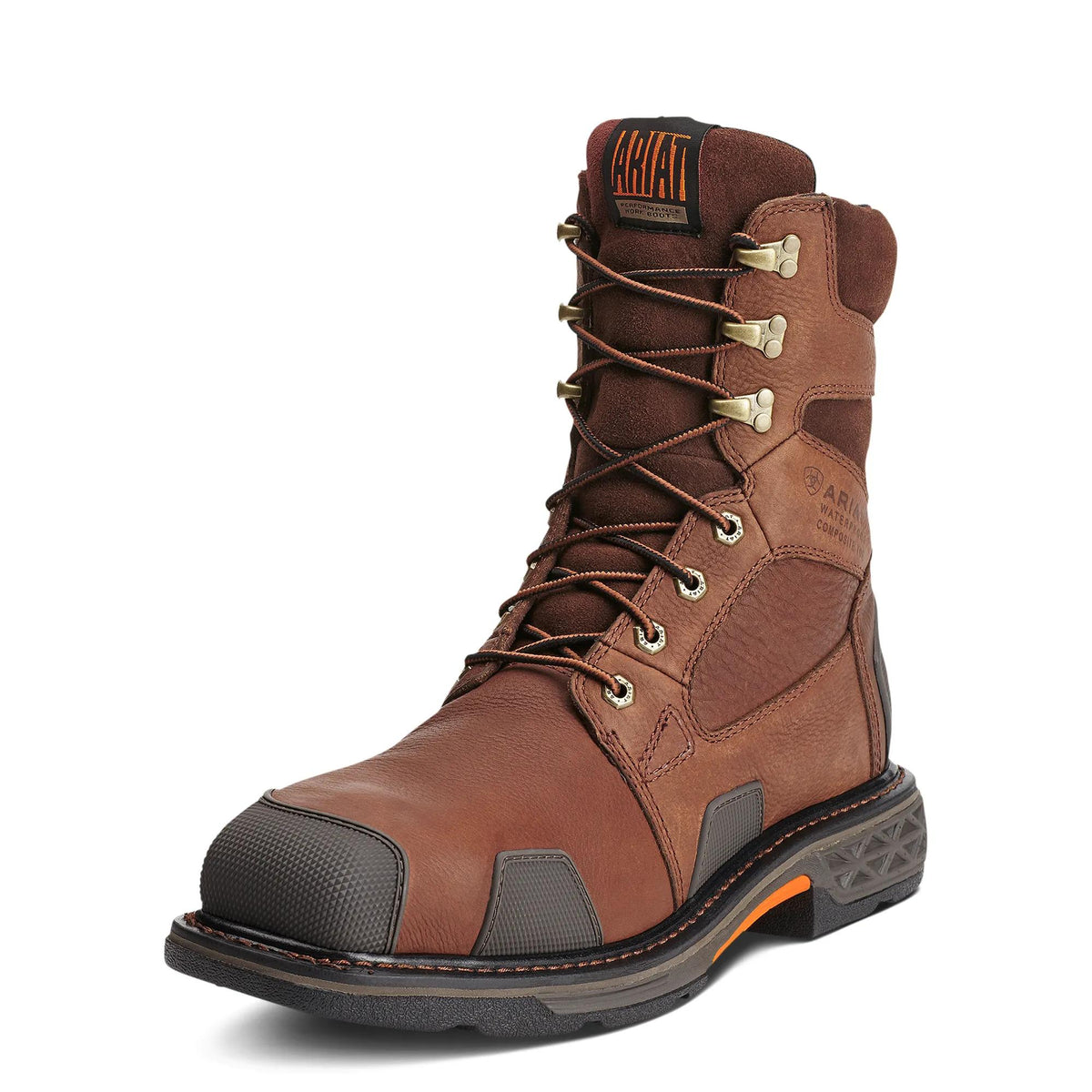 Ariat Men's Overdrive 8" Wide Square Toe, Chestnut Brown – 3-4 front