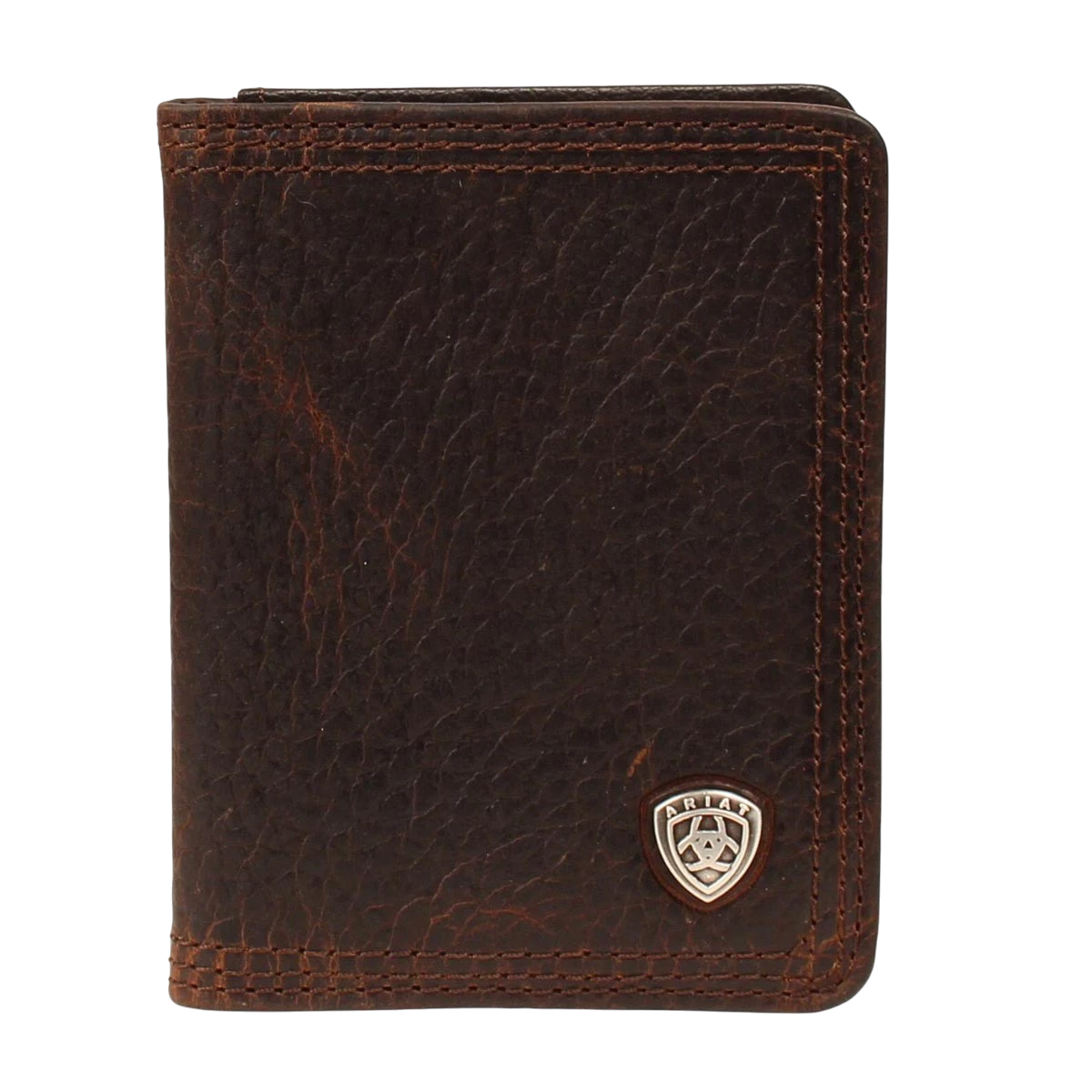Ariat men's performance work bifold wallet in brown leather, featuring multiple card slots and a sleek design.