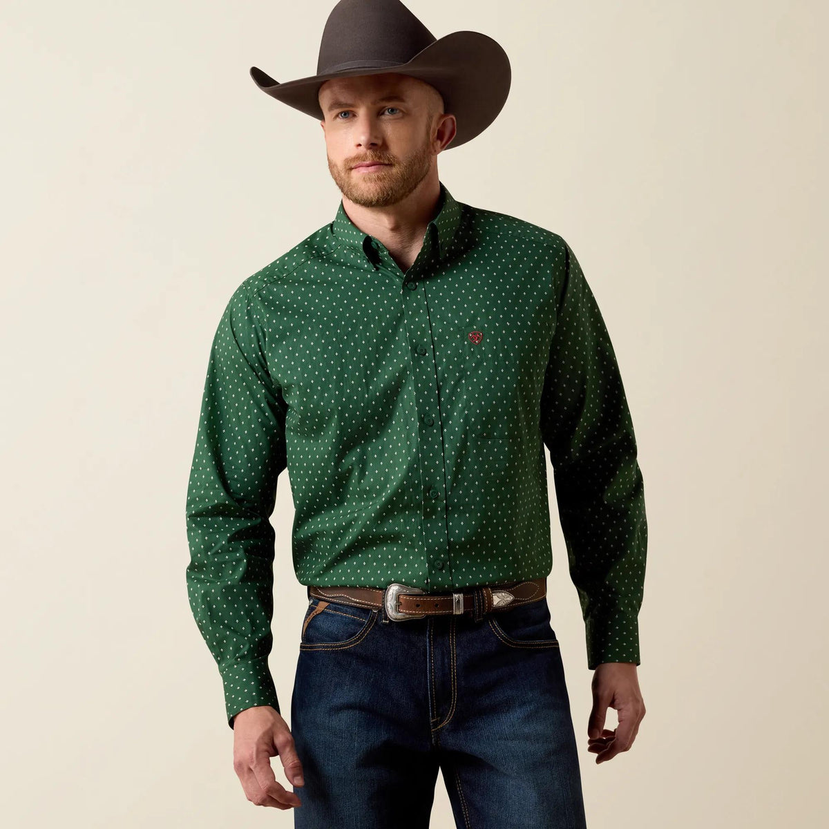 Ariat Men's Larkspur Classic Fit Shirt, Pineneedle Green Medallion Print – front