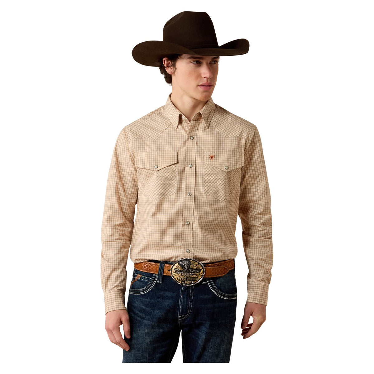 Ariat Men's Pro Series West Fitted Snap Shirt, Beige Micro Plaid – front