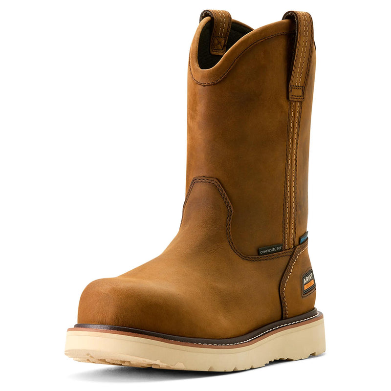 Ariat Men's Rebar Wedge Pull-On Waterproof Composite Toe Work Boot, Distressed Brown – 3-4 front