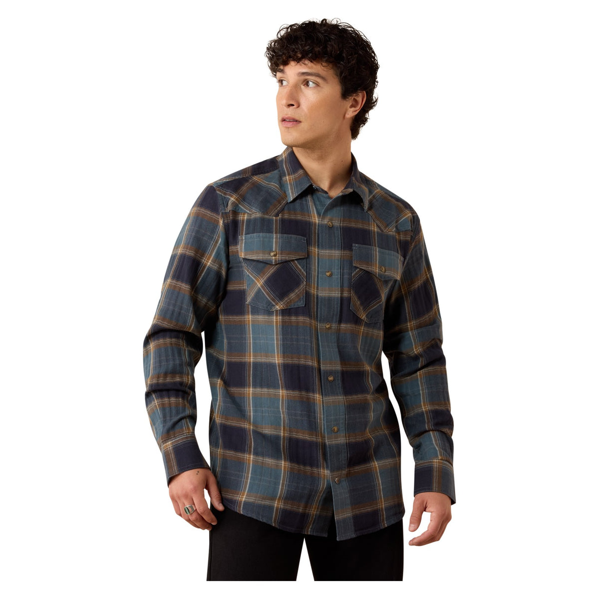 Ariat Men's Retro Harbert Fitted Snap Shirt, Inkwell Plaid – front
