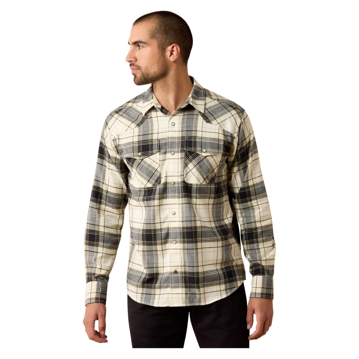 Ariat Men's Retro Harmon Fitted Snap Shirt, Beluga Green Plaid – front