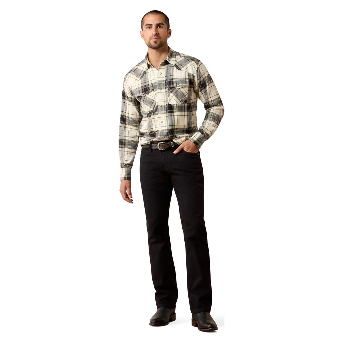 Ariat Men's Retro Harmon Fitted Snap Shirt, Beluga Green Plaid – full length