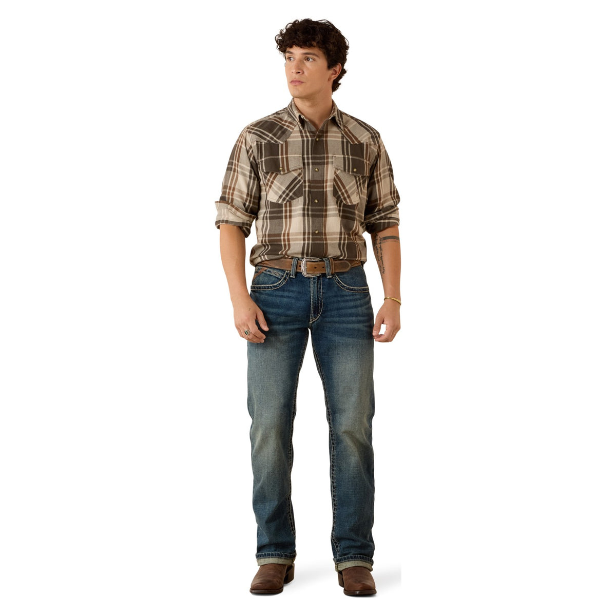 Ariat Men's Retro Howell Fitted Snap Shirt, Dusky Green Plaid – full length
