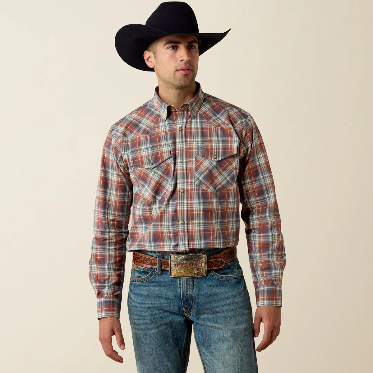 Ariat Men's Pro Series Ames Classic Fit Snap Shirt, Rust Multi Medium Plaid – front