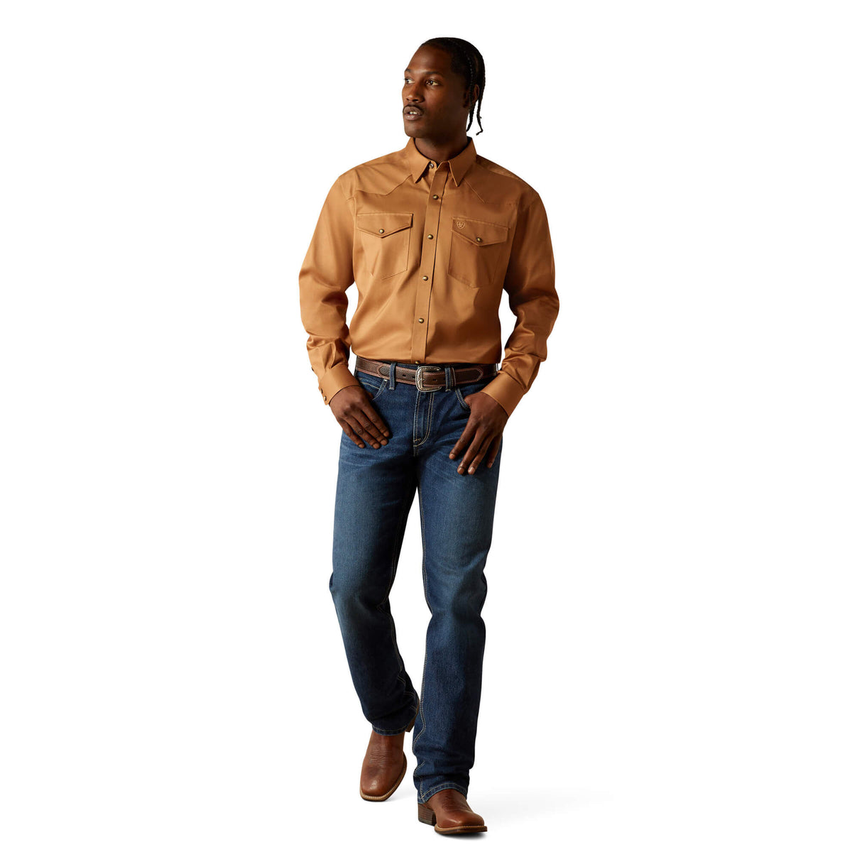 Ariat Men's Solid Twill Classic Fit Shirt, Tan – full length