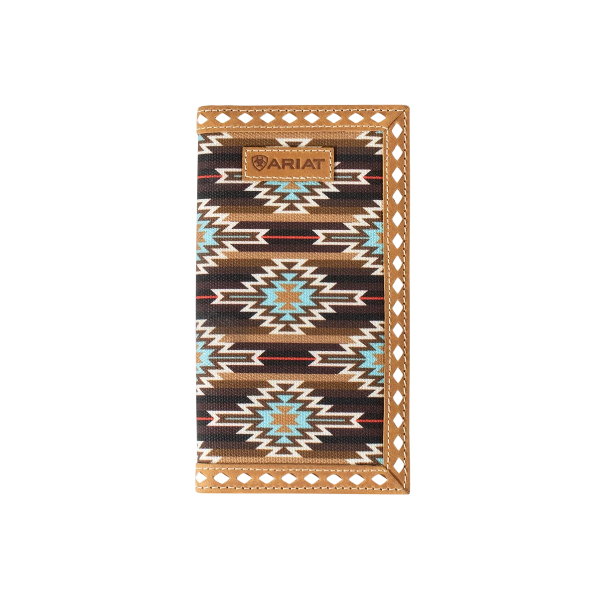 Ariat men's Southwestern diamond lacing rodeo wallet with leather design and intricate stitching, featuring a classic Western style.