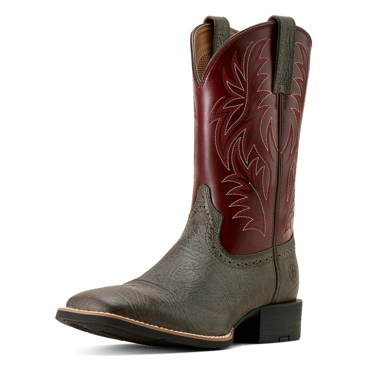 Ariat Men's Sport Western Wide Square Toe Cowboy Boot, Charcoal Grey Hippo Print|Burgundy Haze – 3-4 front