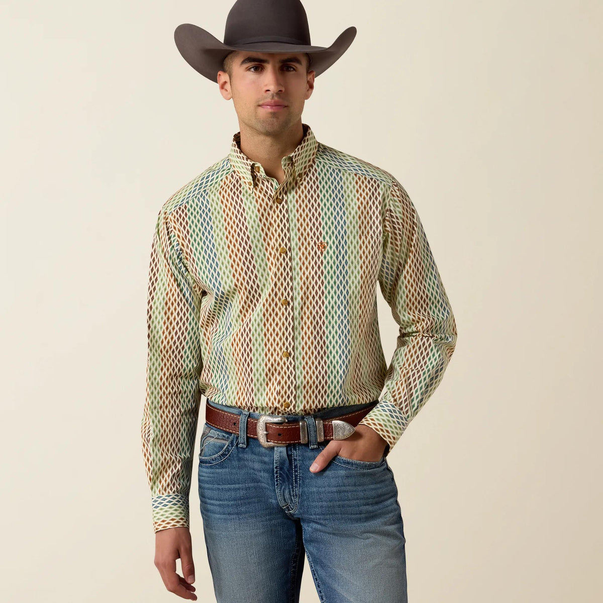 Ariat Men's Langer Classic Fit Shirt, Vanilla Custard Multi Diamond Print – front