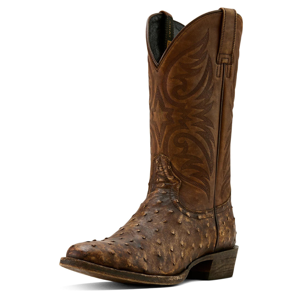 Ariat Men's Vesper R Toe Stonewash Tan Full Quill Ostrich Cowboy Boot – 3-4 front