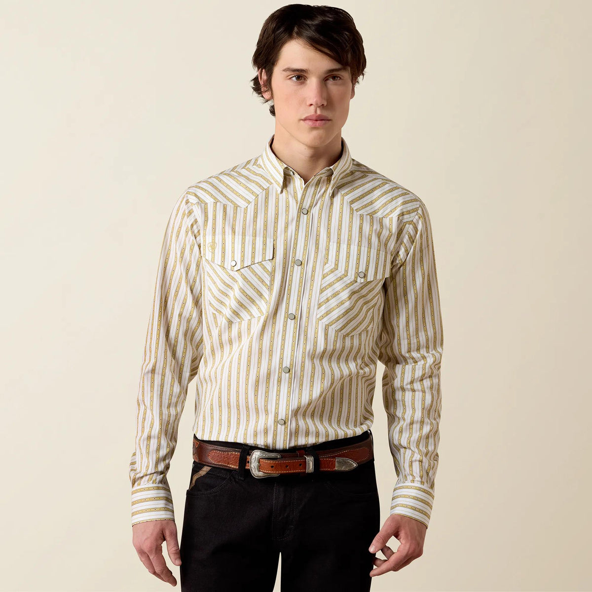 Ariat Men's Wrinkle Free Rival Fitted Snap Shirt, White Southwest Stripe – front