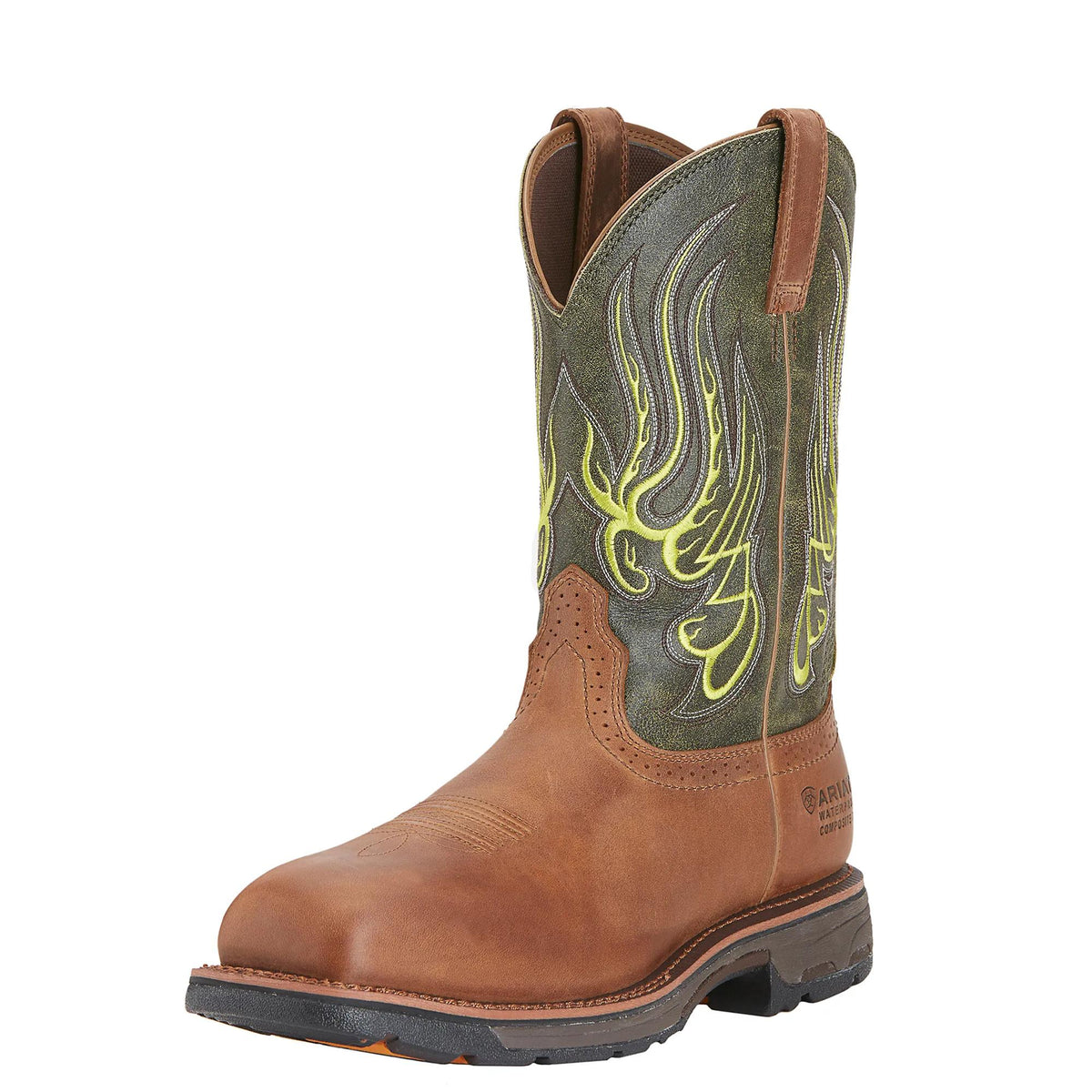 Ariat Men's WorkHog Mesteno Waterproof Wide Square Toe Composite Toe Work Boot, Moss Green – 3-4 front