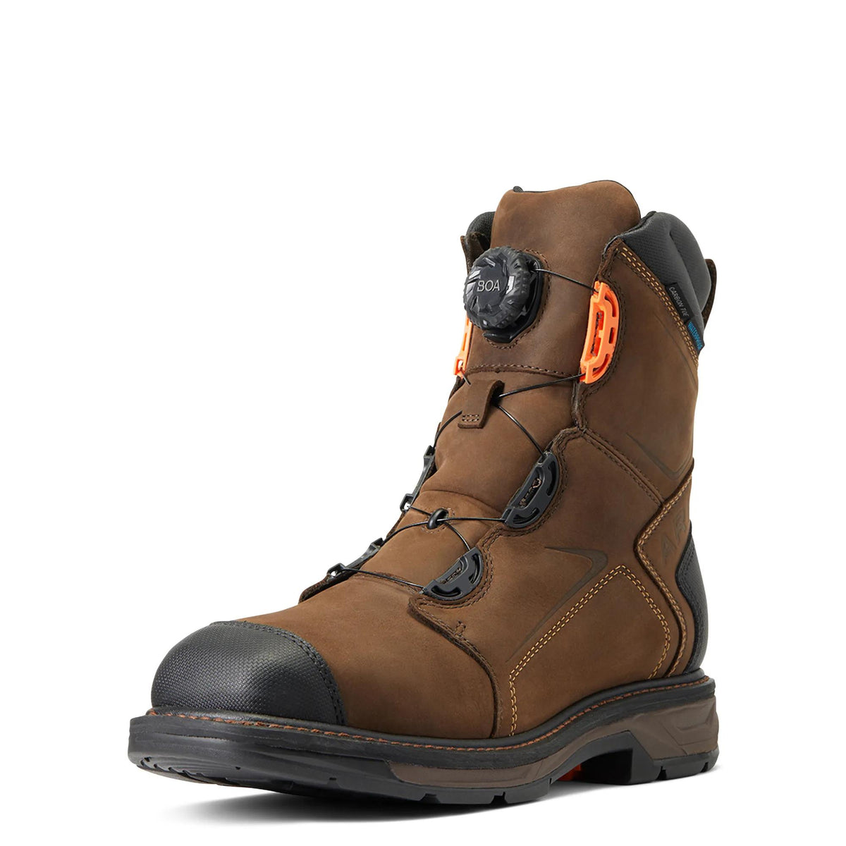 Ariat Men's WorkHog XT BOA 8" Waterproof Wide Square Toe Carbon Toe Work Boot, Chocolate Brown – 3-4 front