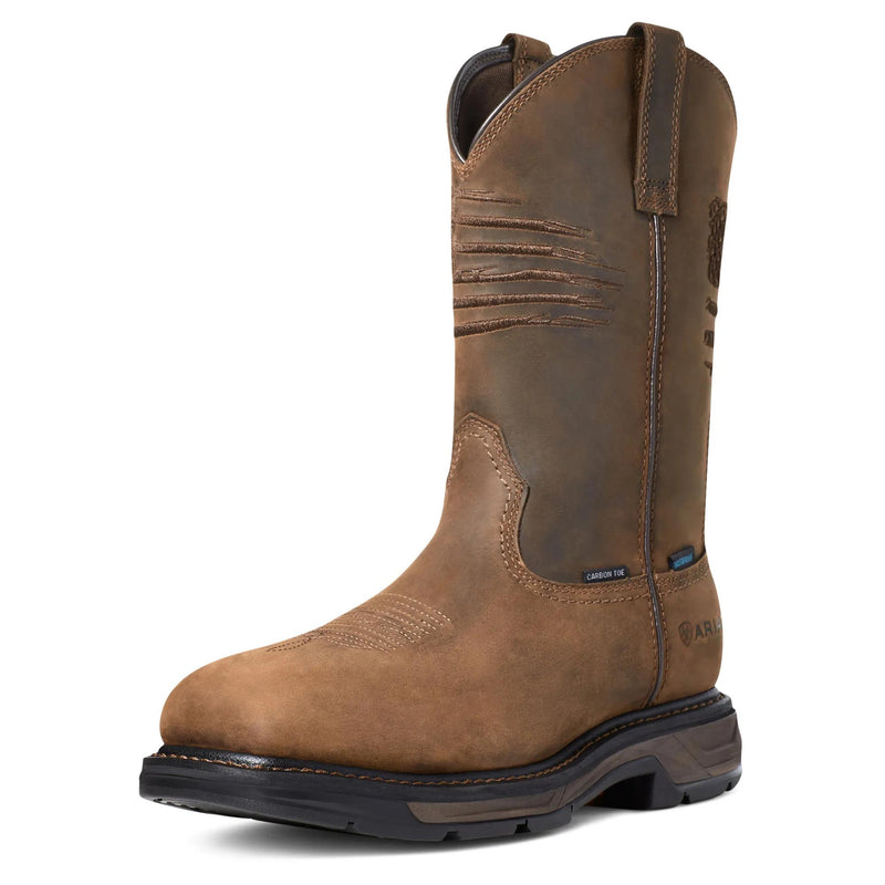 Ariat Men's WorkHog XT Patriot Waterproof Wide Square Toe Carbon Toe Work Boot, Distressed Brown – 3-4 front