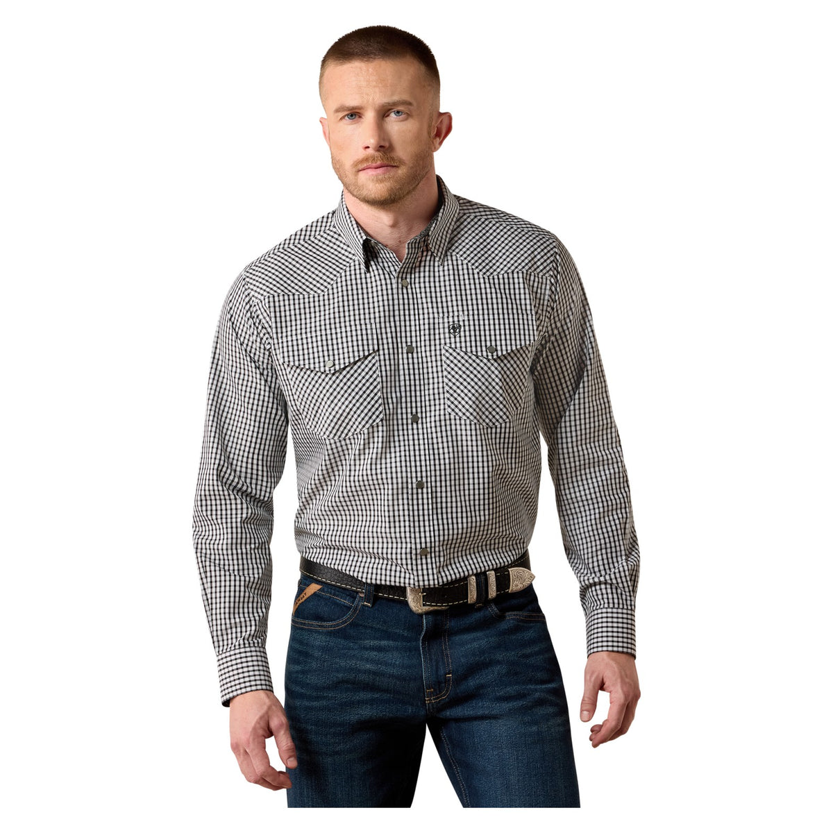 Ariat Men's Wrinkle Free Bud Classic Fit Snap Shirt, White/Black Small Plaid – front