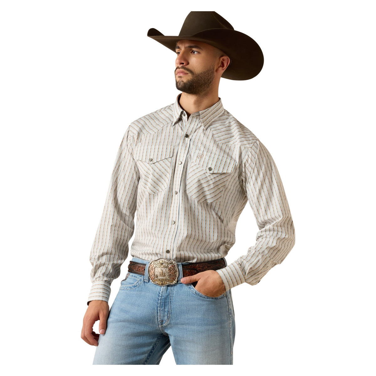 Ariat Men's Wrinkle Free Burnard Classic Fit Snap Shirt, Savannah Brown Geo Stripe – front