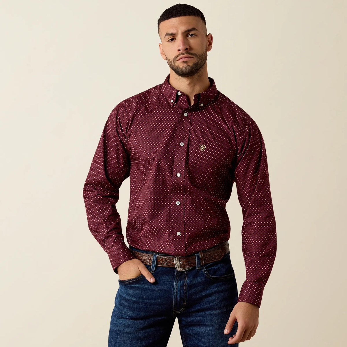 Ariat Men's Wrinkle Free Reliance Classic Fit Shirt, Zinfandel Geo Print – front