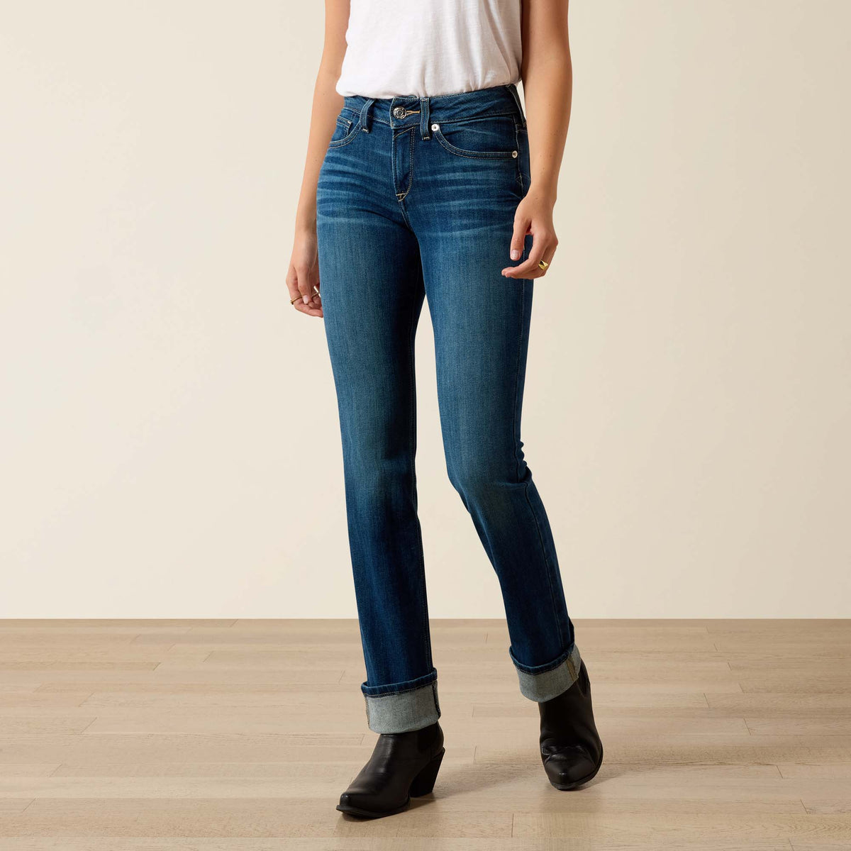 Ariat R.E.A.L. Perfect Rise Abby Straight Jean in Mackenzie, denim jeans with a classic straight fit and high-rise waist.