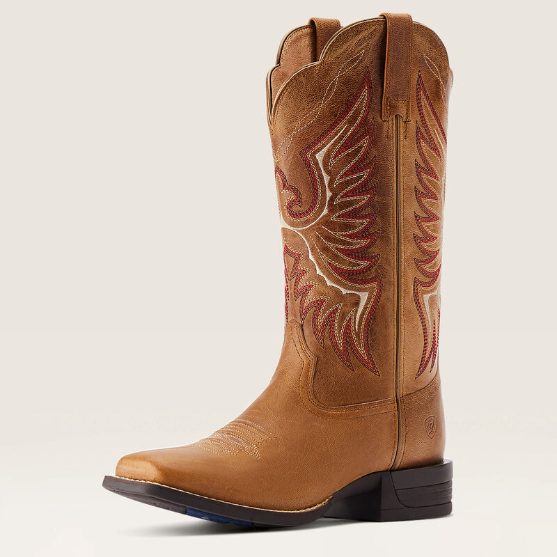 Ariat Rockdale Western Boot in Almond Bluff leather, featuring classic Western design with intricate stitching and a stacked heel.
