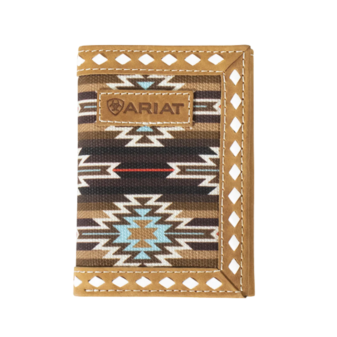 Ariat Southwestern Diamond Lacing trifold wallet with leather exterior and intricate diamond lacing design, featuring multiple card slots.