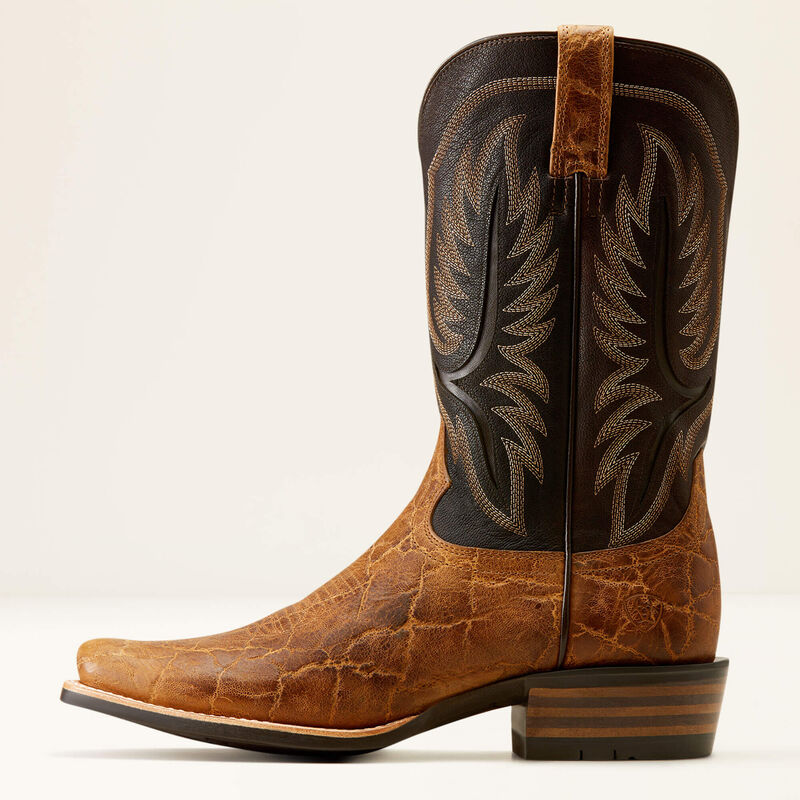 Ariat Stadtler cowboy boots in smoked tan leather with aging barrel finish, featuring traditional Western boot design.