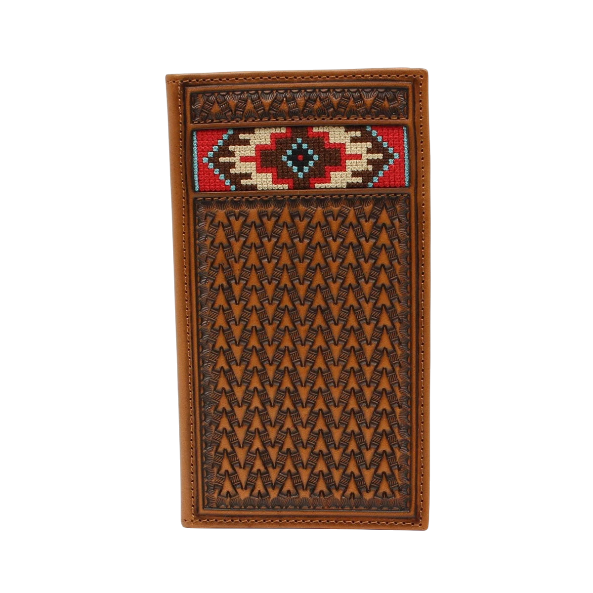 Ariat tan multi-embroidery inlay rodeo wallet with detailed stitching, leather construction, and multiple card slots.