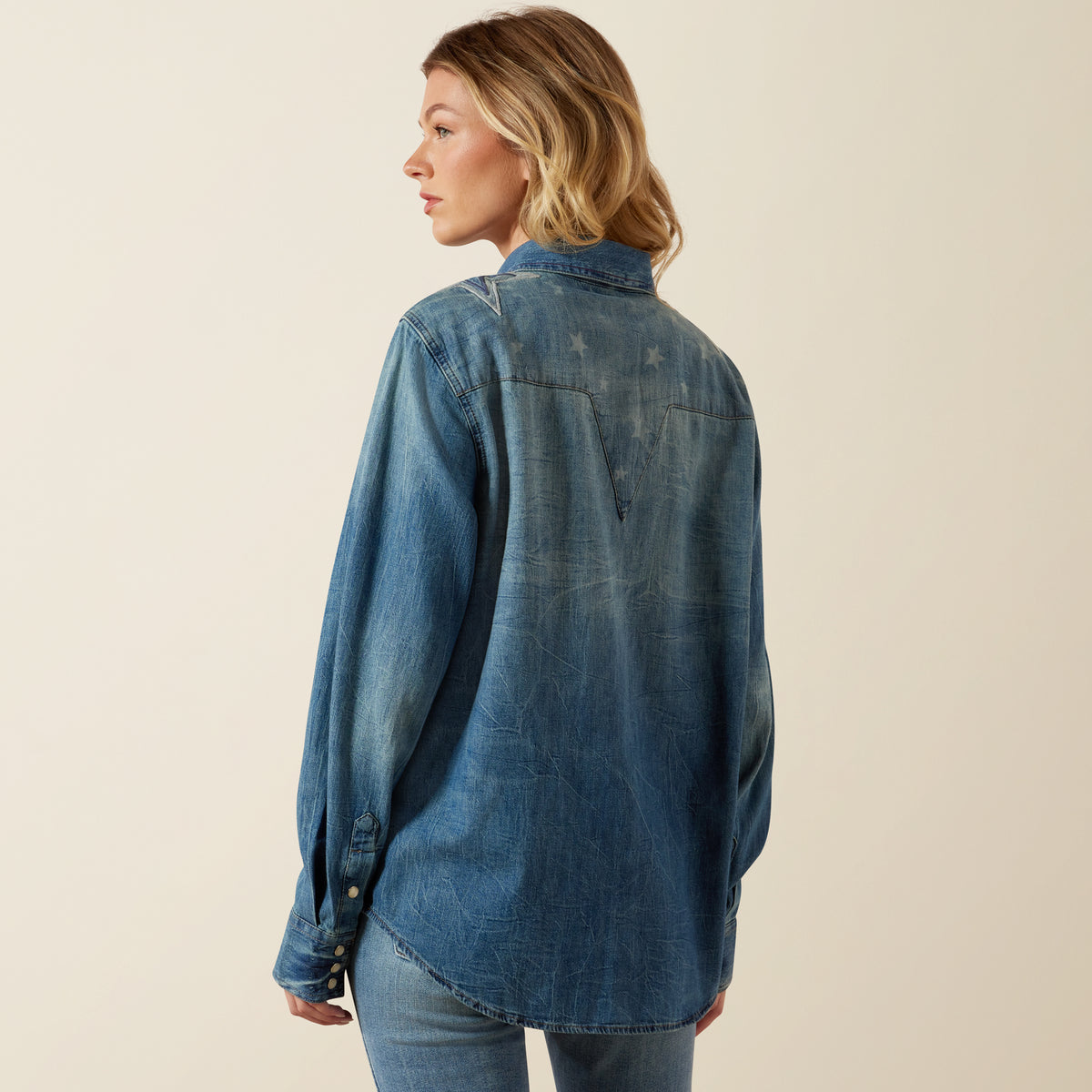 Ariat Women's Americana Denim Shirt in blue with button closure and chest pockets, casual Western-style shirt for women.