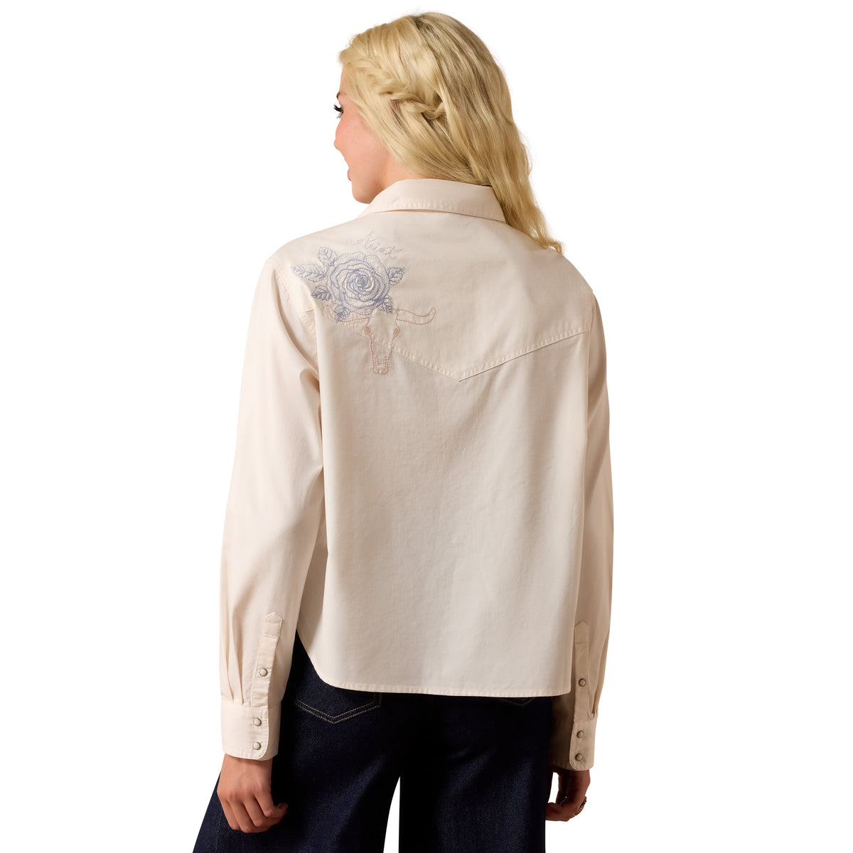 Ariat Women's Ashville embroidered snap shirt in Sea Salt, featuring detailed embroidery and classic snap buttons.