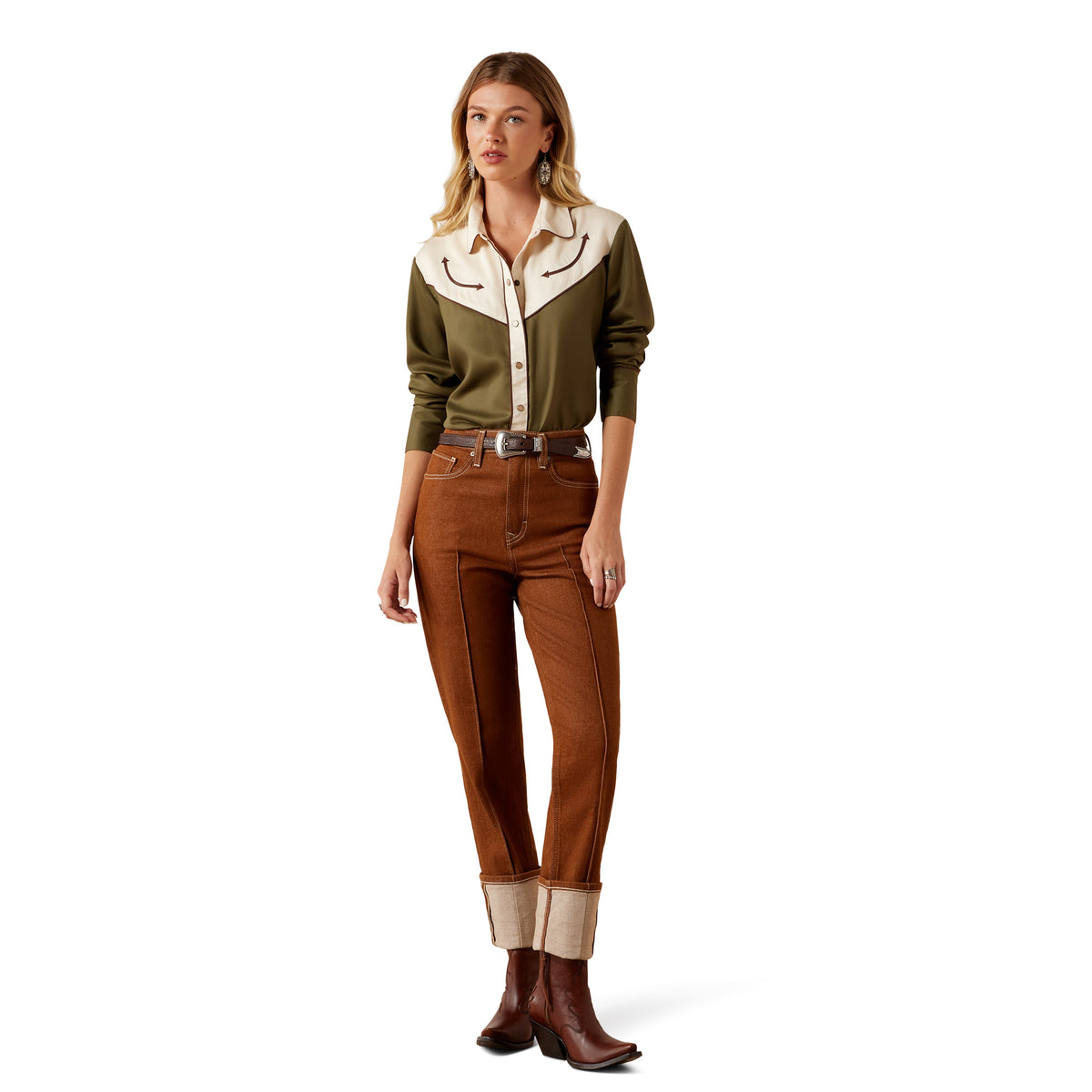 Ariat Women's Bellamy Long Sleeve Snap Shirt in ivy green and parchment, casual Western-style women's apparel with snap buttons and collar.