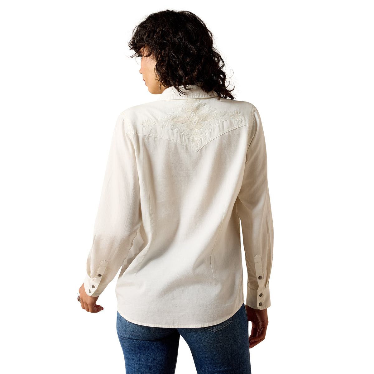 Ariat Women's Bianca Western Snap Shirt in Cloud Dancer fabric, featuring classic snap buttons and Western-inspired design.