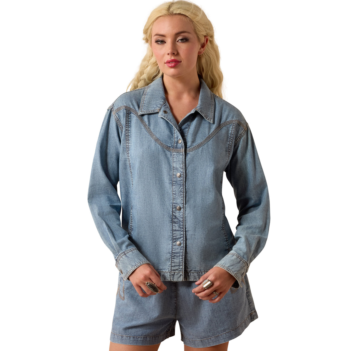 Ariat Women's Bonfire Shirt in medium blue, casual button-up shirt with collar and long sleeves, perfect for outdoor wear.