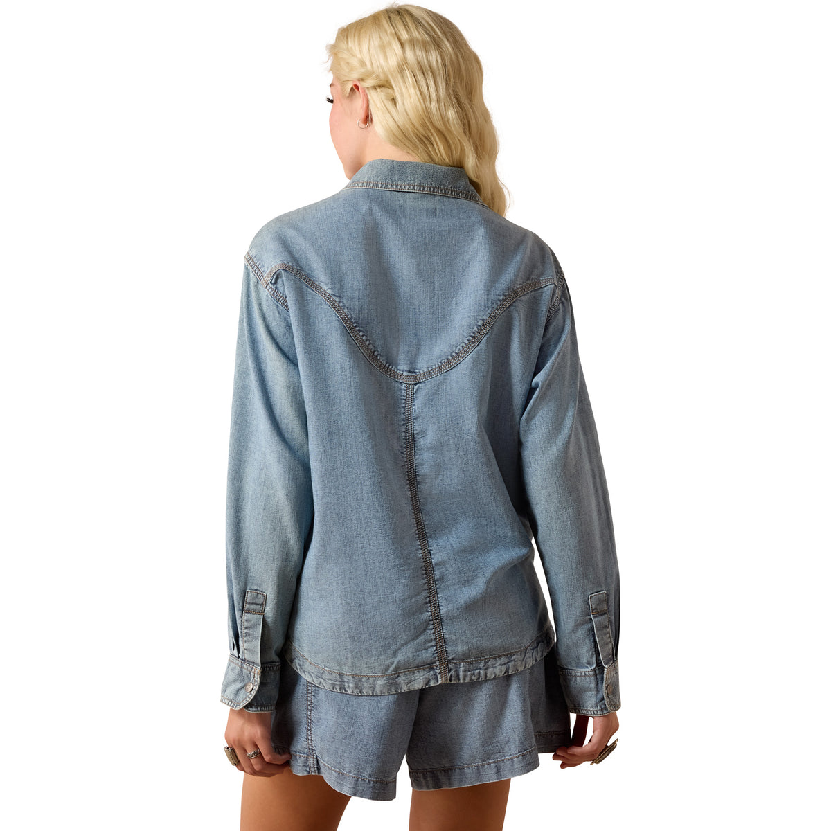 Ariat Women's Bonfire Shirt in medium blue, casual button-up shirt with a collar and long sleeves, designed for everyday wear.
