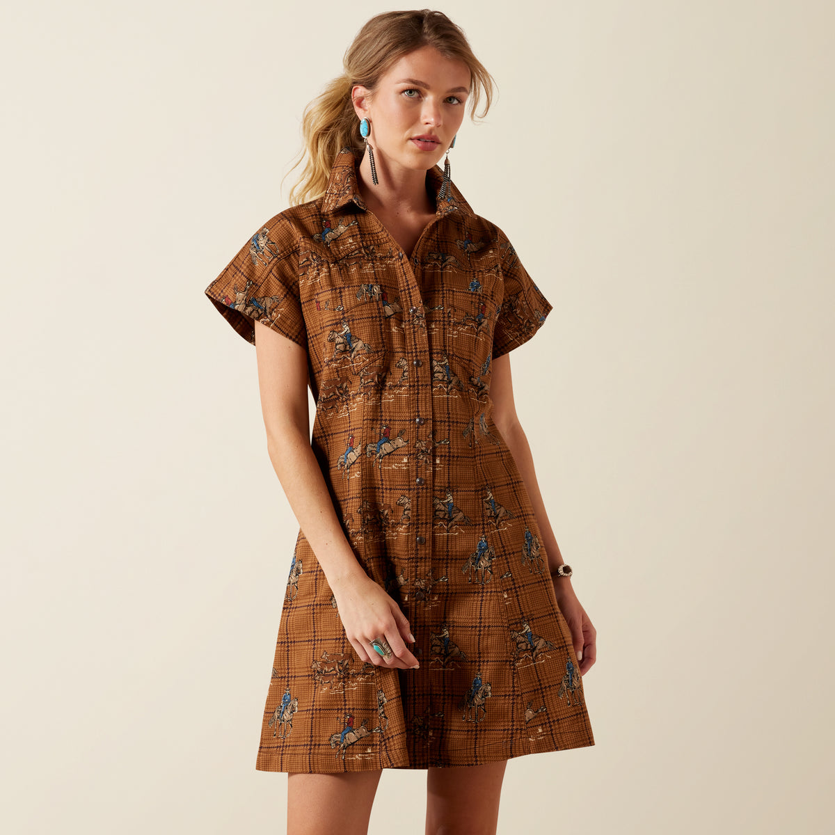 Ariat Women's Cody Dress in Glen Plaid Rodeo style, featuring a tailored fit and classic plaid pattern, perfect for casual or rodeo wear.