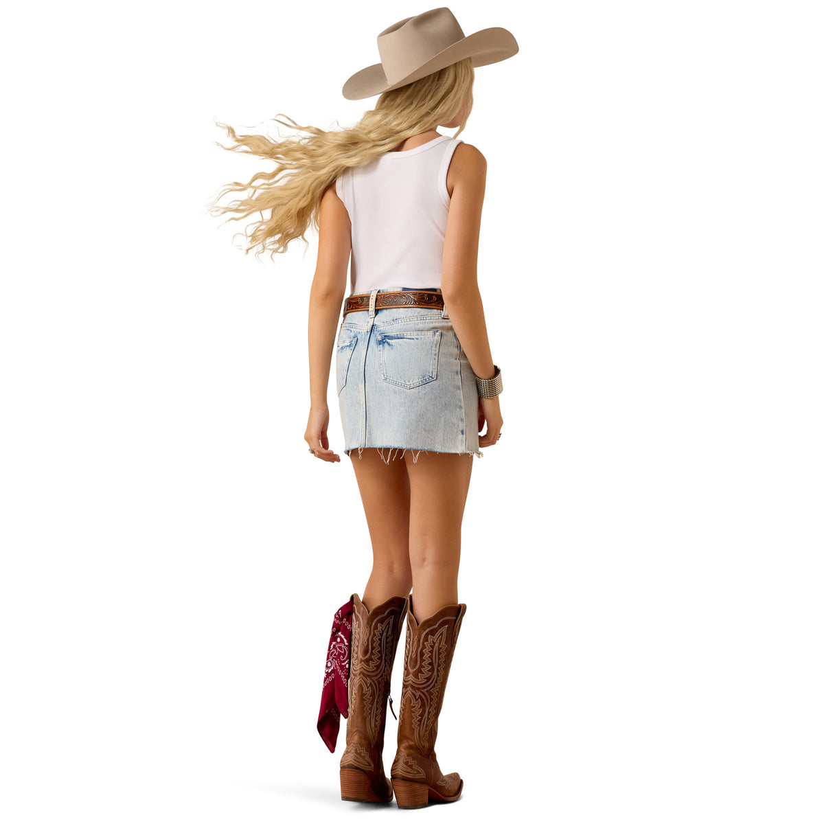 Ariat Women's Cowgirl Mini Skirt Florence, denim-style mini skirt with western stitching and classic fit, shown on a model.