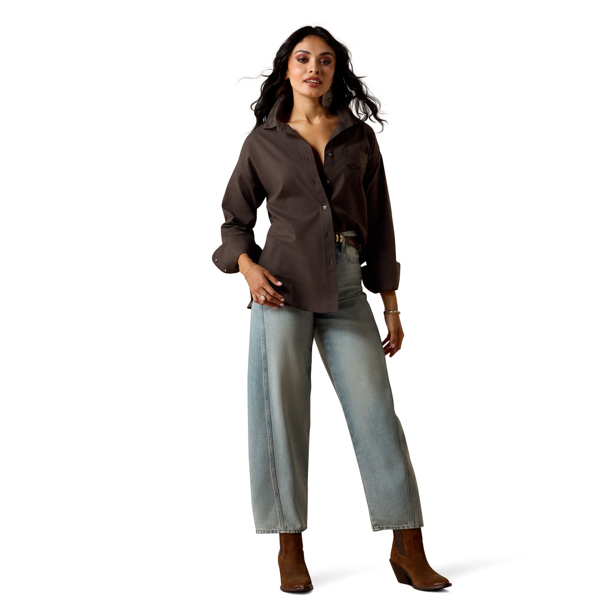 Ariat Women's Dazzle Shirt in Raven, a stylish button-up shirt with a fitted design and long sleeves, displayed on a hanger.