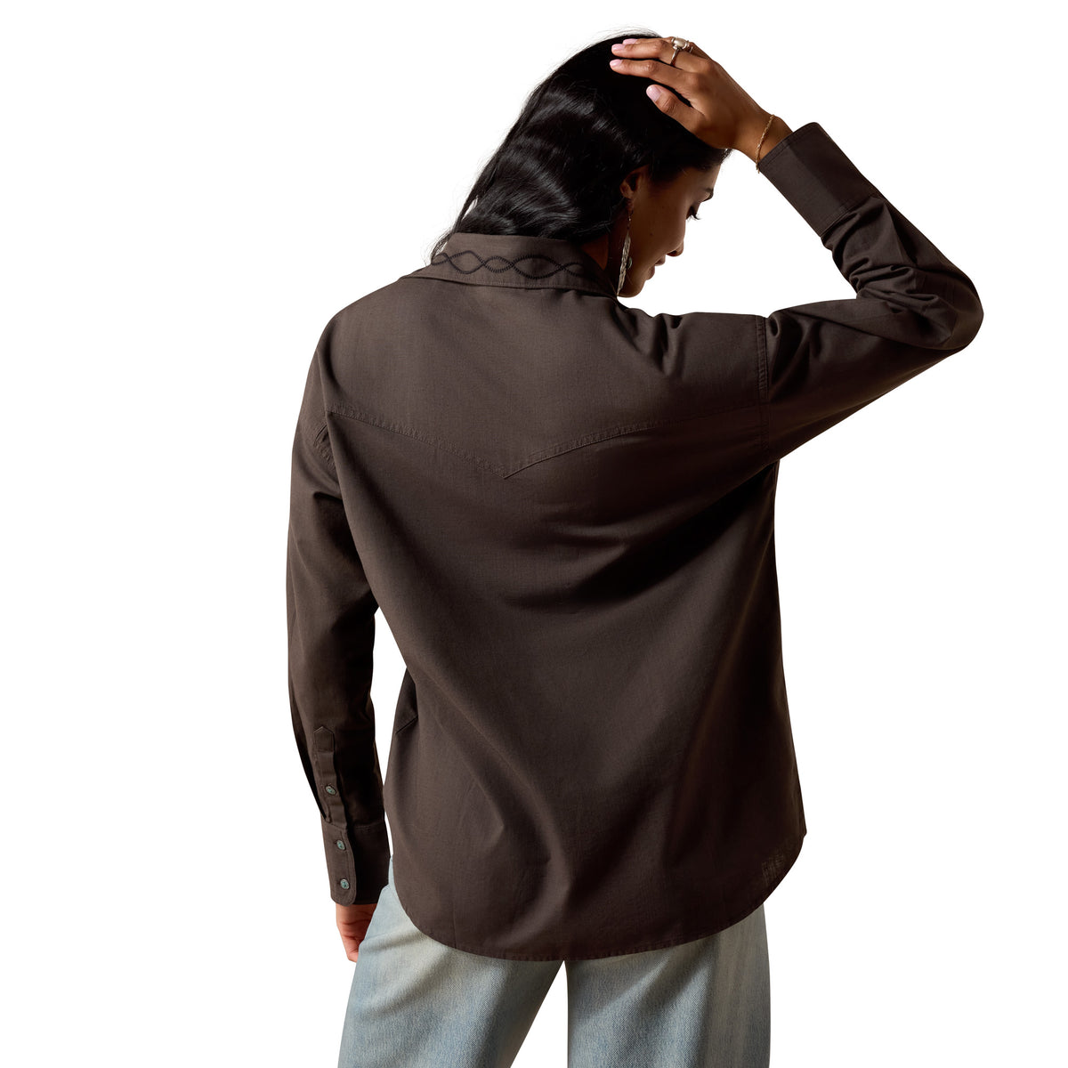 Ariat Women's Dazzle Shirt in Raven, a stylish long-sleeve shirt with a button-up front and classic collar, perfect for casual wear.