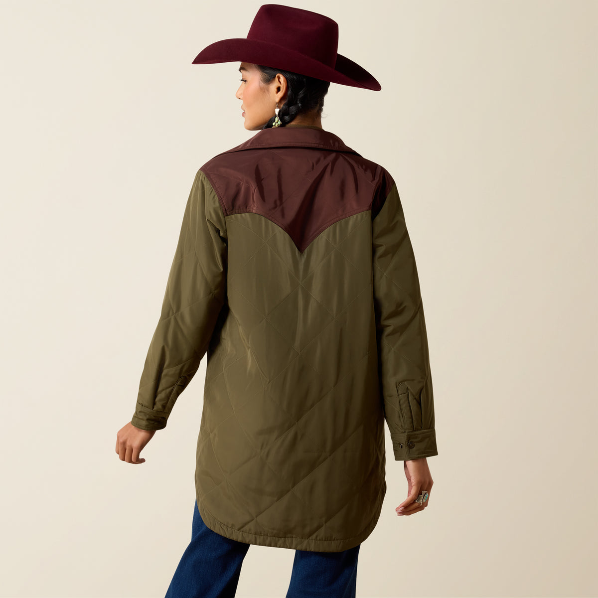 Ariat Women's Dilon Parka Jacket in ivy green and chicory coffee, outdoor winter jacket with hood and quilted design.