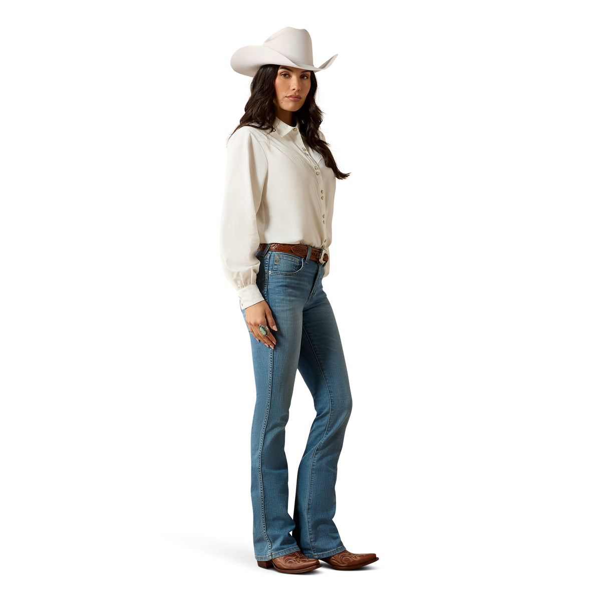 Ariat Women's High Rise Lorena Boot Cut Jeans in Tennessee denim, showing the fit and classic boot cut style.