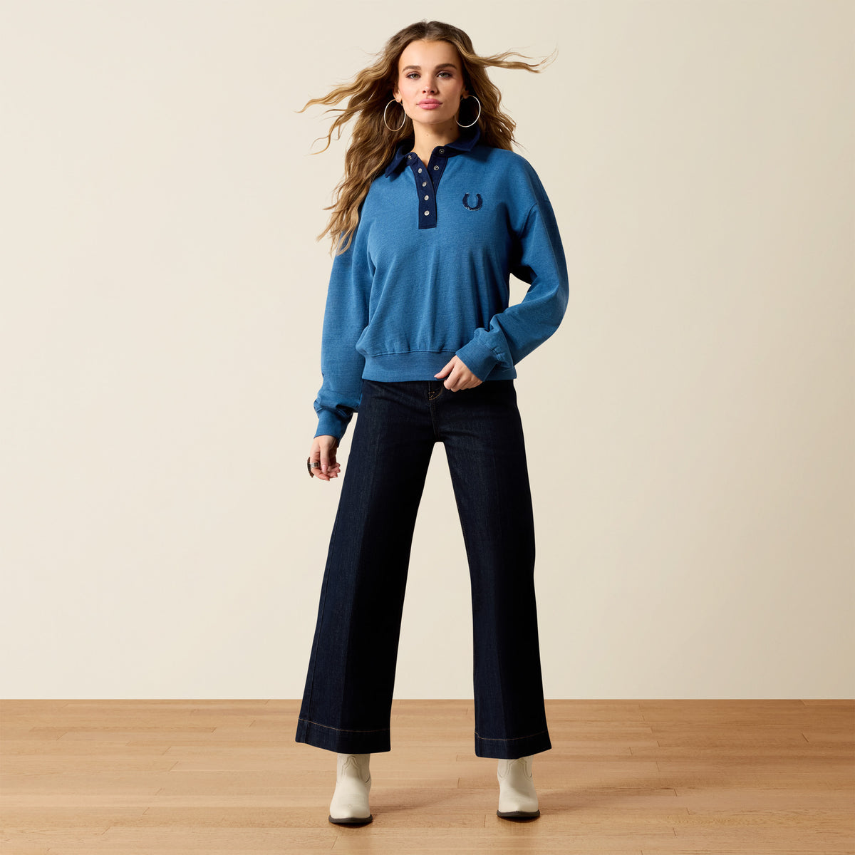 Ariat Women's Hold Your Horses Indigo Sweatshirt with printed horse graphic and comfortable long sleeves.