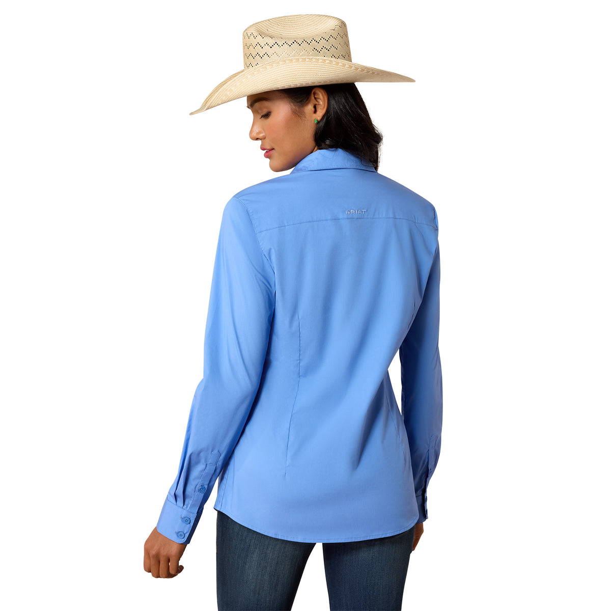 Ariat Women's Kirby Stretch Shirt in ultramarine, featuring a casual fit and lightweight fabric, displayed on a hanger.
