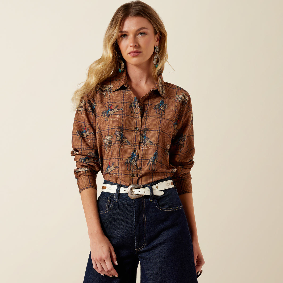 Ariat women's long sleeve Homestyle shirt in classic Glen plaid pattern, featuring a button-up front and tailored fit.