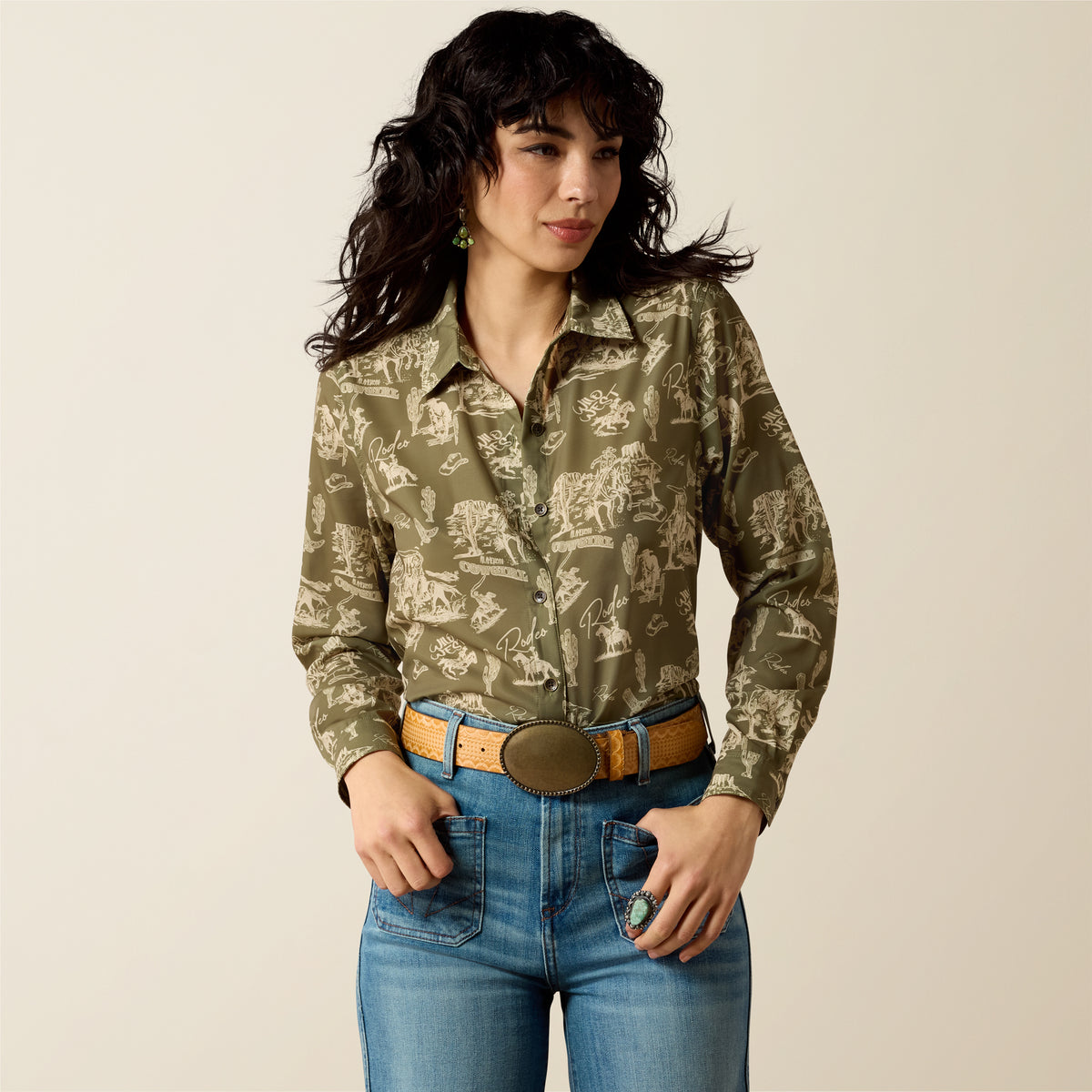 Ariat women's moss green long sleeve homestyle shirt with a classic fit and button-down front, casual and comfortable for everyday wear.