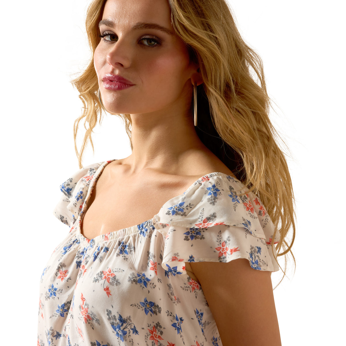 Ariat Women's Lynn Top floral print shirt with long sleeves and v-neck, featuring vibrant floral design and comfortable fit.