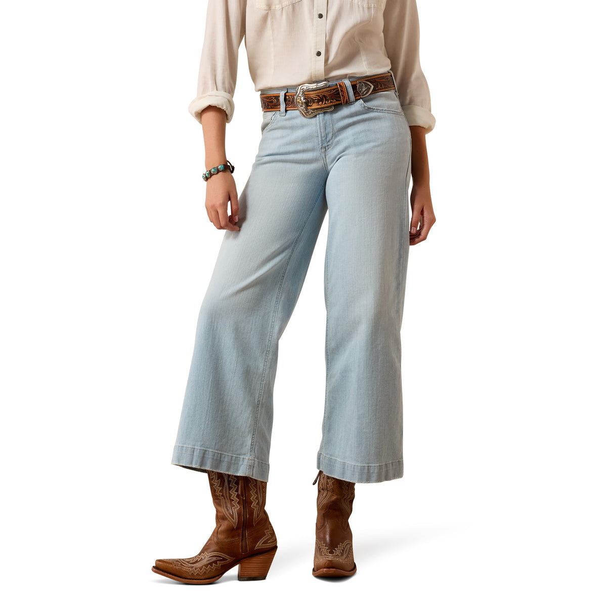 Ariat Women's Perfect Rise Clare Wide Leg Crop Jeans in Claremont style, showcasing high-rise fit and relaxed wide-leg design.