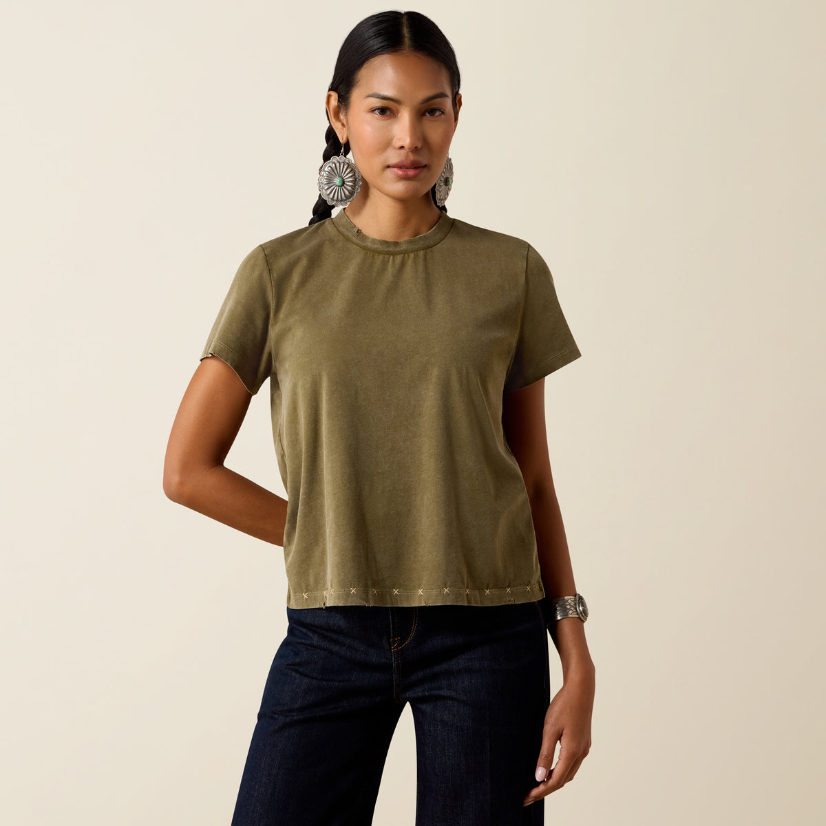 Ariat Women's Ivy Green Roping T-Shirt, soft cotton casual top with short sleeves and a relaxed fit.