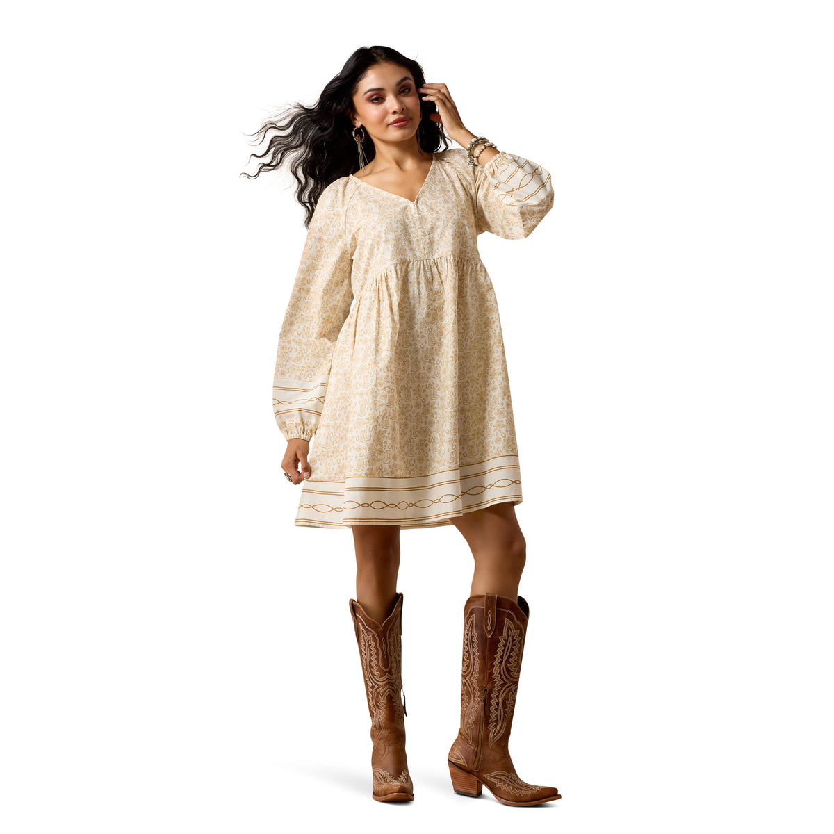 Ariat Women's Rosie Dress with Boots 'N' Roses print, lightweight floral dress in a flowy design, perfect for casual wear.